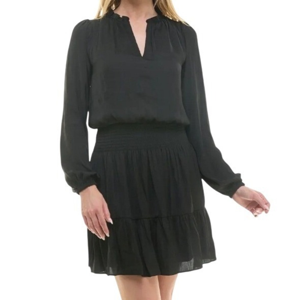 Socialite Smocked Long‎ Sleeve Satin Dress Womens L Ruffled Black Romantic Goth